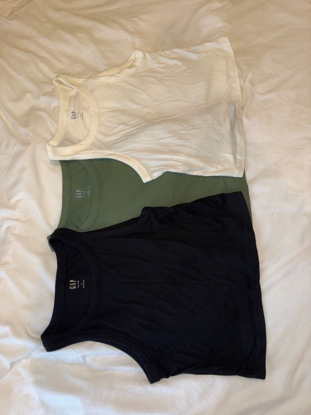 GAP Sleeveless Ribbed Tanks in Black, Olive, and White - Set of 3